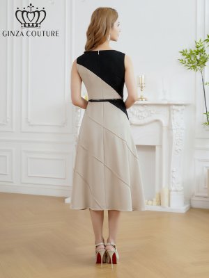 画像3: [送料無料][GINZA COUTURE]ブラック×ベージュ・バイカラー・ノースリーブ・切替・ベルト付き・アシンメトリー・Aライン・ミディアムドレス・ワンピース[即日発送][大きいサイズあり]
