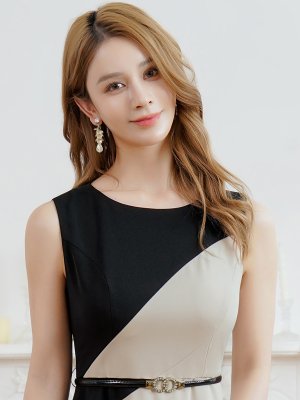 画像4: [送料無料][GINZA COUTURE]ブラック×ベージュ・バイカラー・ノースリーブ・切替・ベルト付き・アシンメトリー・Aライン・ミディアムドレス・ワンピース[即日発送][大きいサイズあり]