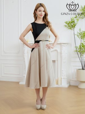 画像5: [送料無料][GINZA COUTURE]ブラック×ベージュ・バイカラー・ノースリーブ・切替・ベルト付き・アシンメトリー・Aライン・ミディアムドレス・ワンピース[即日発送][大きいサイズあり]