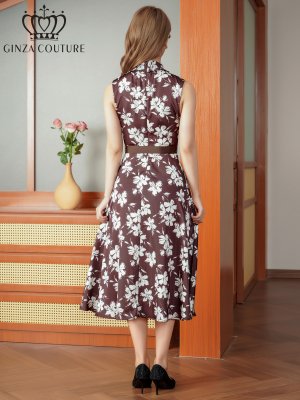 画像3: [送料無料][GINZA COUTURE]ブラウン×ホワイト・花柄・プリント・ハイネック・ベルト・Aライン・ミディアムドレス・ワンピース[即日発送][大きいサイズあり]