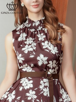 画像4: [送料無料][GINZA COUTURE]ブラウン×ホワイト・花柄・プリント・ハイネック・ベルト・Aライン・ミディアムドレス・ワンピース[即日発送][大きいサイズあり]