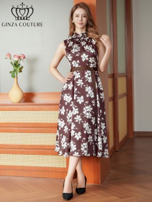 画像6: [送料無料][GINZA COUTURE]ブラウン×ホワイト・花柄・プリント・ハイネック・ベルト・Aライン・ミディアムドレス・ワンピース[即日発送][大きいサイズあり]