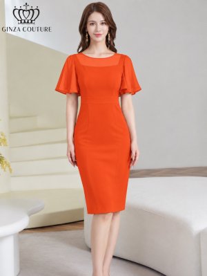 画像8: [送料無料][GINZA COUTURE]ロイヤルブルー・オレンジ・グレー・ワンカラー・シンプル・スクープネック・袖付き・半袖・膝丈・無地・タイト・ミディアムドレス・ワンピース[即日発送][大きいサイズあり]