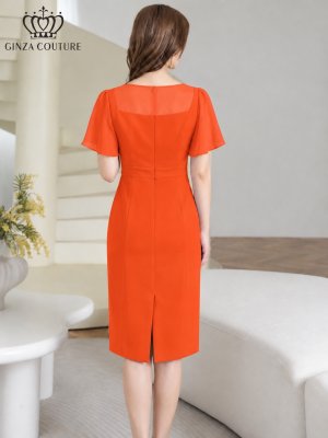 画像9: [送料無料][GINZA COUTURE]ロイヤルブルー・オレンジ・グレー・ワンカラー・シンプル・スクープネック・袖付き・半袖・膝丈・無地・タイト・ミディアムドレス・ワンピース[即日発送][大きいサイズあり]