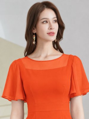 画像10: [送料無料][GINZA COUTURE]ロイヤルブルー・オレンジ・グレー・ワンカラー・シンプル・スクープネック・袖付き・半袖・膝丈・無地・タイト・ミディアムドレス・ワンピース[即日発送][大きいサイズあり]