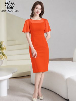 画像11: [送料無料][GINZA COUTURE]ロイヤルブルー・オレンジ・グレー・ワンカラー・シンプル・スクープネック・袖付き・半袖・膝丈・無地・タイト・ミディアムドレス・ワンピース[即日発送][大きいサイズあり]