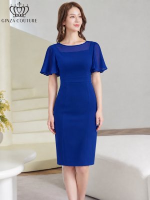 画像2: [送料無料][GINZA COUTURE]ロイヤルブルー・オレンジ・グレー・ワンカラー・シンプル・スクープネック・袖付き・半袖・膝丈・無地・タイト・ミディアムドレス・ワンピース[即日発送][大きいサイズあり]