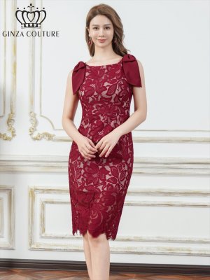 画像1: [送料無料][GINZA COUTURE]レッド・総レース・肩リボン・ノースリーブ・タイト・ミディアムドレス・ワンピース[即日発送][大きいサイズあり]