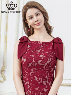 画像4: [送料無料][GINZA COUTURE]レッド・総レース・肩リボン・ノースリーブ・タイト・ミディアムドレス・ワンピース[即日発送][大きいサイズあり]