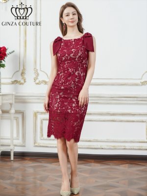 画像5: [送料無料][GINZA COUTURE]レッド・総レース・肩リボン・ノースリーブ・タイト・ミディアムドレス・ワンピース[即日発送][大きいサイズあり]