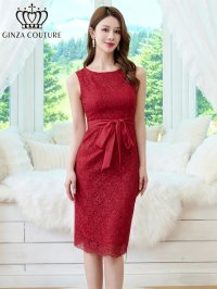 [送料無料][GINZA COUTURE]レッド・ホワイト・アイボリー・総レース・ウエストリボン・ノースリーブ・タイト・膝丈・ミディアムドレス・ワンピース[即日発送][大きいサイズあり]