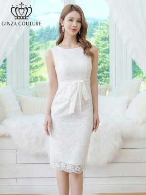 画像2: [送料無料][GINZA COUTURE]ホワイト・レッド・アイボリー・総レース・ウエストリボン・ノースリーブ・タイト・膝丈・ミディアムドレス・ワンピース[即日発送][大きいサイズあり]