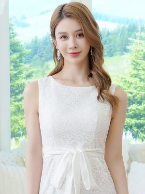 画像4: [送料無料][GINZA COUTURE]ホワイト・レッド・アイボリー・総レース・ウエストリボン・ノースリーブ・タイト・膝丈・ミディアムドレス・ワンピース[即日発送][大きいサイズあり]