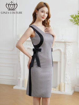 画像2: [送料無料][GINZA COUTURE]ブラック×ホワイト・バイカラー・総柄・リボン・ひざ丈・Vネック・ノースリーブ・タイト・ミディアムドレス・ワンピース[即日発送][大きいサイズあり]