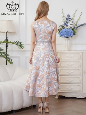 画像3: [送料無料][GINZA COUTURE]グレー×オレンジ・ノースリーブ・カットアウト・花柄・ジャガード・フィッシュテール・Aライン・ミディアムドレス・ワンピース[即日発送][大きいサイズあり]