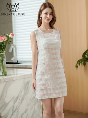 画像2: [送料無料][GINZA COUTURE]ホワイト×ピンク・ホワイト・ボーダー・ツイード・スパンコールMIX・お花ブローチ・ポケット・パイピング・タイト・ミニドレス・ワンピース[即日発送][大きいサイズあり]