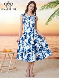 [送料無料][GINZA COUTURE]ホワイト×ブルー・ホワイト×ピンク・花柄・プリント・ノースリーブ・Aライン・フレア・ミディアムドレス・ワンピース[即日発送][大きいサイズあり]