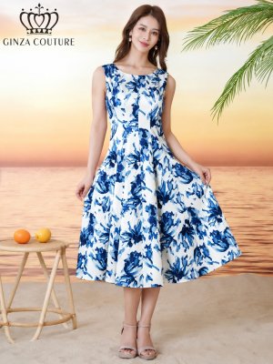 画像1: [送料無料][GINZA COUTURE]ホワイト×ブルー・ホワイト×ピンク・花柄・プリント・ノースリーブ・Aライン・フレア・ミディアムドレス・ワンピース[即日発送][大きいサイズあり]
