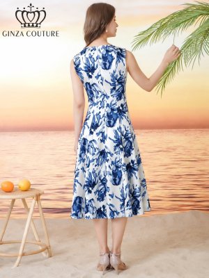画像3: [送料無料][GINZA COUTURE]ホワイト×ブルー・ホワイト×ピンク・花柄・プリント・ノースリーブ・Aライン・フレア・ミディアムドレス・ワンピース[即日発送][大きいサイズあり]
