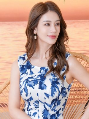 画像4: [送料無料][GINZA COUTURE]ホワイト×ブルー・ホワイト×ピンク・花柄・プリント・ノースリーブ・Aライン・フレア・ミディアムドレス・ワンピース[即日発送][大きいサイズあり]