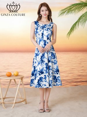 画像5: [送料無料][GINZA COUTURE]ホワイト×ブルー・ホワイト×ピンク・花柄・プリント・ノースリーブ・Aライン・フレア・ミディアムドレス・ワンピース[即日発送][大きいサイズあり]