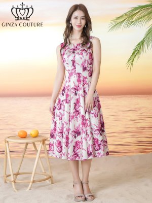 画像1: [送料無料][GINZA COUTURE]ホワイト×ピンク・花柄・プリント・ノースリーブ・Aライン・フレア・ミディアムドレス・ワンピース[即日発送][大きいサイズあり]