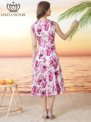 画像3: [送料無料][GINZA COUTURE]ホワイト×ピンク・花柄・プリント・ノースリーブ・Aライン・フレア・ミディアムドレス・ワンピース[即日発送][大きいサイズあり]