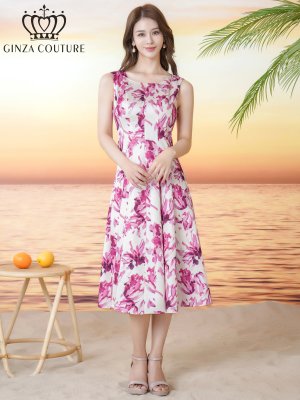 画像5: [送料無料][GINZA COUTURE]ホワイト×ピンク・花柄・プリント・ノースリーブ・Aライン・フレア・ミディアムドレス・ワンピース[即日発送][大きいサイズあり]