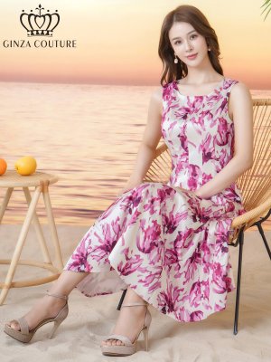 画像6: [送料無料][GINZA COUTURE]ホワイト×ピンク・花柄・プリント・ノースリーブ・Aライン・フレア・ミディアムドレス・ワンピース[即日発送][大きいサイズあり]