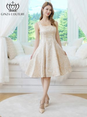 画像1: [送料無料][GINZA COUTURE]ベージュ×ゴールド・ジャガード・シンプル・スクエアネック・ノースリーブ・膝丈・フレア・Aライン・ミディアムドレス・ワンピース[即日発送][大きいサイズあり]