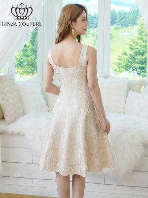画像3: [送料無料][GINZA COUTURE]ベージュ×ゴールド・ジャガード・シンプル・スクエアネック・ノースリーブ・膝丈・フレア・Aライン・ミディアムドレス・ワンピース[即日発送][大きいサイズあり]
