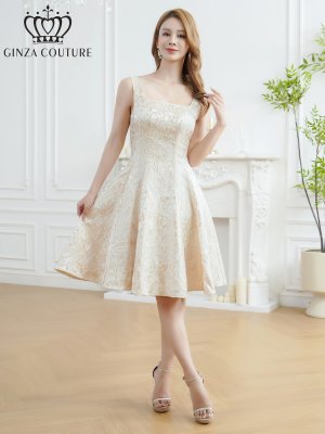 画像5: [送料無料][GINZA COUTURE]ベージュ×ゴールド・ジャガード・シンプル・スクエアネック・ノースリーブ・膝丈・フレア・Aライン・ミディアムドレス・ワンピース[即日発送][大きいサイズあり]