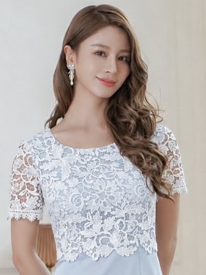 画像4: [送料無料][GINZA COUTURE]ブルー×ホワイト・半袖・レース・タイト・ミニドレス・ワンピース[即日発送][大きいサイズあり]