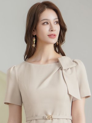 画像4: [送料無料][GINZA COUTURE]ベージュ・ネイビー・ワンカラー・シンプル・半袖・ベルト付き・タイト・膝丈・ミディアムドレス・ワンピース[即日発送][大きいサイズあり]