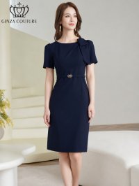 [送料無料][GINZA COUTURE]ネイビー・ベージュ・ワンカラー・シンプル・半袖・ベルト付き・タイト・膝丈・ミディアムドレス・ワンピース[即日発送][大きいサイズあり]