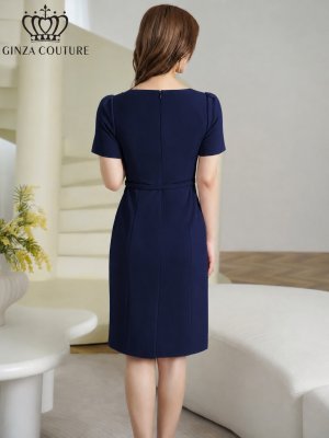 画像3: [送料無料][GINZA COUTURE]ネイビー・ベージュ・ワンカラー・シンプル・半袖・ベルト付き・タイト・膝丈・ミディアムドレス・ワンピース[即日発送][大きいサイズあり]