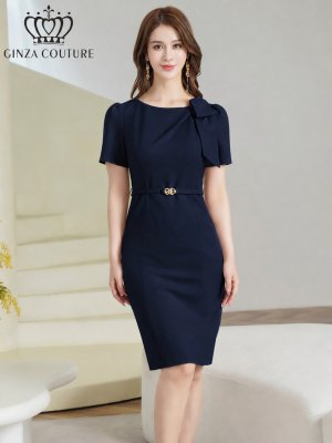 画像5: [送料無料][GINZA COUTURE]ネイビー・ベージュ・ワンカラー・シンプル・半袖・ベルト付き・タイト・膝丈・ミディアムドレス・ワンピース[即日発送][大きいサイズあり]