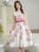 画像1: [送料無料][GINZA COUTURE]ホワイト×レッド・花柄・プリント・ベルト・ノースリーブ・Aライン・フレア・ミディアムドレス・ワンピース[即日発送][大きいサイズあり] (1)