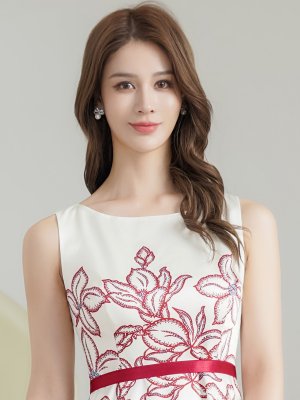 画像4: [送料無料][GINZA COUTURE]ホワイト×レッド・花柄・プリント・ベルト・ノースリーブ・Aライン・フレア・ミディアムドレス・ワンピース[即日発送][大きいサイズあり]
