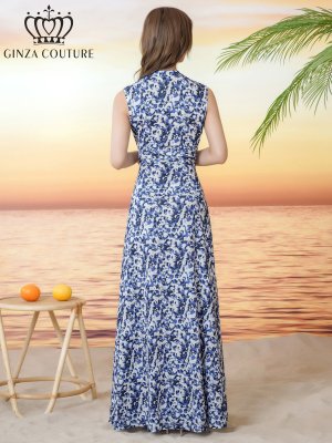 画像3: [送料無料][GINZA COUTURE]ホワイト×ブルー・プリント・柄物・ノースリーブ・カシュクール・Aライン・マキシ丈・ロングドレス[即日発送][大きいサイズあり]