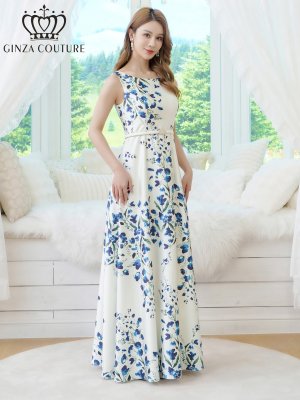 画像2: [送料無料][GINZA COUTURE]ホワイト×ブルー・ベルト・花柄・プリント・ノースリーブ・Aライン・ロングドレス・ワンピース[即日発送][大きいサイズあり]