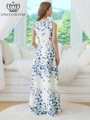 画像3: [送料無料][GINZA COUTURE]ホワイト×ブルー・ベルト・花柄・プリント・ノースリーブ・Aライン・ロングドレス・ワンピース[即日発送][大きいサイズあり]