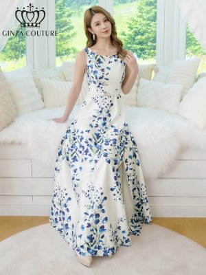 画像6: [送料無料][GINZA COUTURE]ホワイト×ブルー・ベルト・花柄・プリント・ノースリーブ・Aライン・ロングドレス・ワンピース[即日発送][大きいサイズあり]