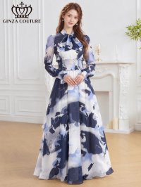 [送料無料][GINZA COUTURE]ホワイト×ネイビー・シフォン・マーブルプリント・長袖・リボン・ウエストマーク・Aライン・フレア・ロングドレス[即日発送][大きいサイズあり]