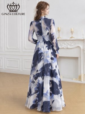 画像3: [送料無料][GINZA COUTURE]ホワイト×ネイビー・シフォン・マーブルプリント・長袖・リボン・ウエストマーク・Aライン・フレア・ロングドレス[即日発送][大きいサイズあり]