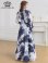 画像3: [送料無料][GINZA COUTURE]ホワイト×ネイビー・シフォン・マーブルプリント・長袖・リボン・ウエストマーク・Aライン・フレア・ロングドレス[即日発送][大きいサイズあり] (3)