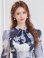 画像4: [送料無料][GINZA COUTURE]ホワイト×ネイビー・シフォン・マーブルプリント・長袖・リボン・ウエストマーク・Aライン・フレア・ロングドレス[即日発送][大きいサイズあり] (4)
