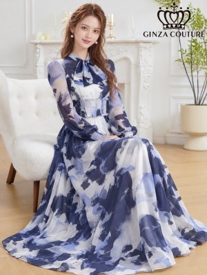 画像6: [送料無料][GINZA COUTURE]ホワイト×ネイビー・シフォン・マーブルプリント・長袖・リボン・ウエストマーク・Aライン・フレア・ロングドレス[即日発送][大きいサイズあり]