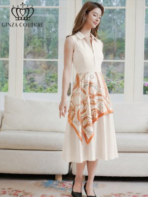 画像2: [送料無料][GINZA COUTURE]ベージュ×オレンジ・チェーン柄・襟付き・スカーフ・ハーフジップ・ノースリーブ・Aライン・フレア・ミディアムドレス・ワンピース[即日発送][大きいサイズあり]