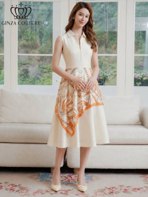 画像5: [送料無料][GINZA COUTURE]ベージュ×オレンジ・チェーン柄・襟付き・スカーフ・ハーフジップ・ノースリーブ・Aライン・フレア・ミディアムドレス・ワンピース[即日発送][大きいサイズあり]